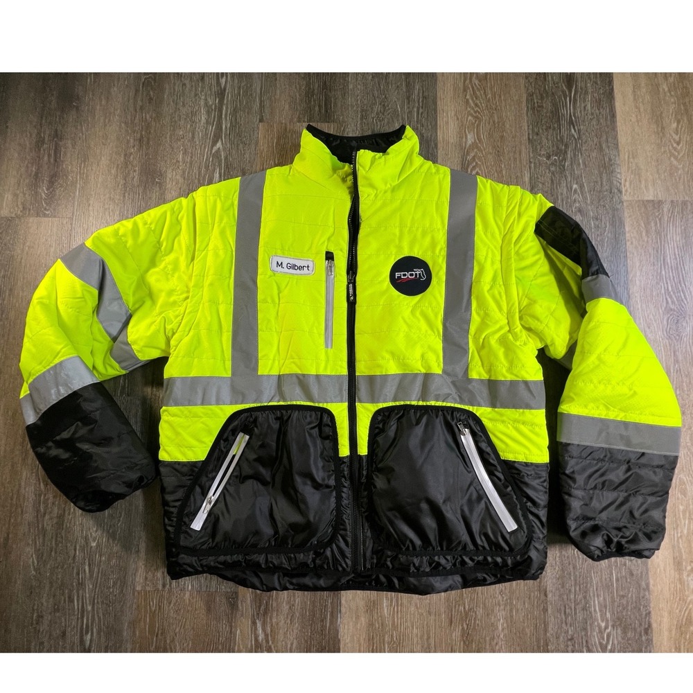 FDOT Safety Jacket Mens XL Neon Yellow Reflective Insulated Workwear Coat
